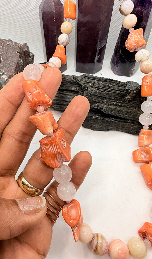 Pink Coral Beaded Necklace with Pink Opal and Rose Quartz