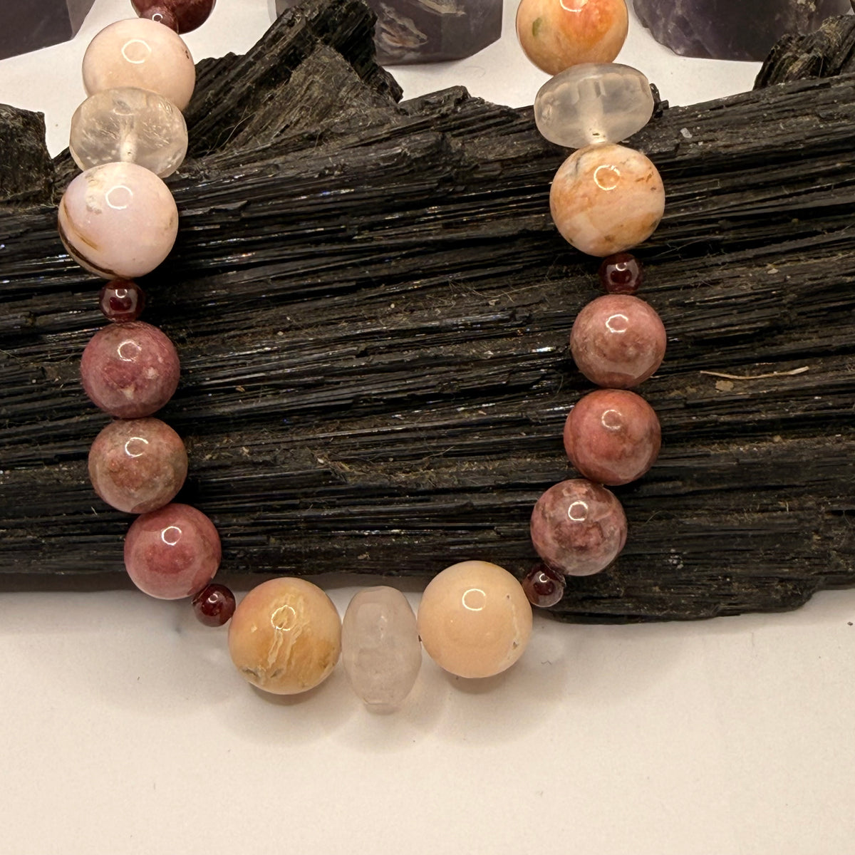 Rhodonite, Garnet, Rose Quartz, Pink Peruvian Opal Necklace~15 Inches