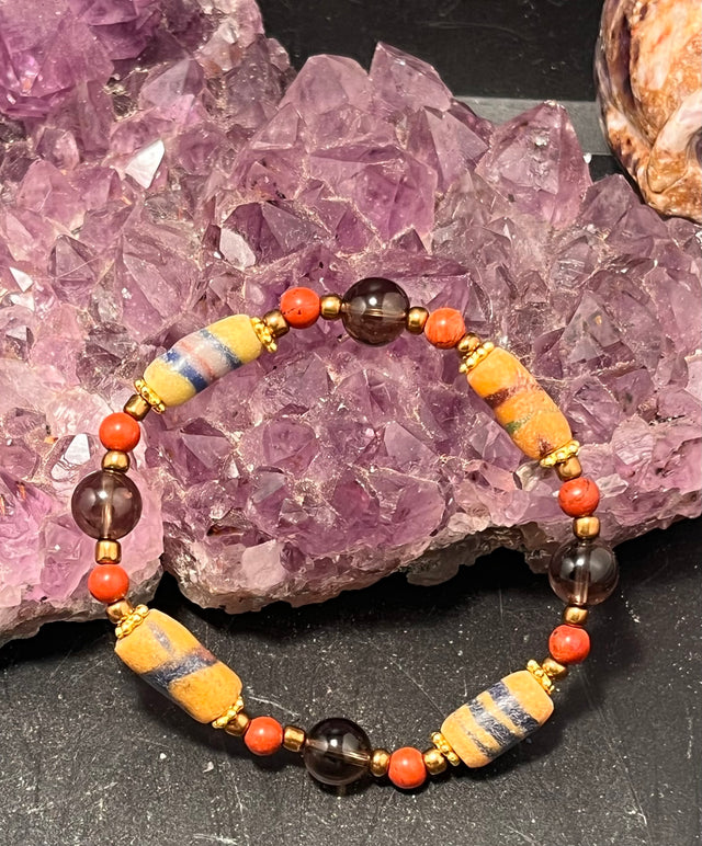 African Beads Smoky Quartz and Red Jasper Stretchy Bracelet