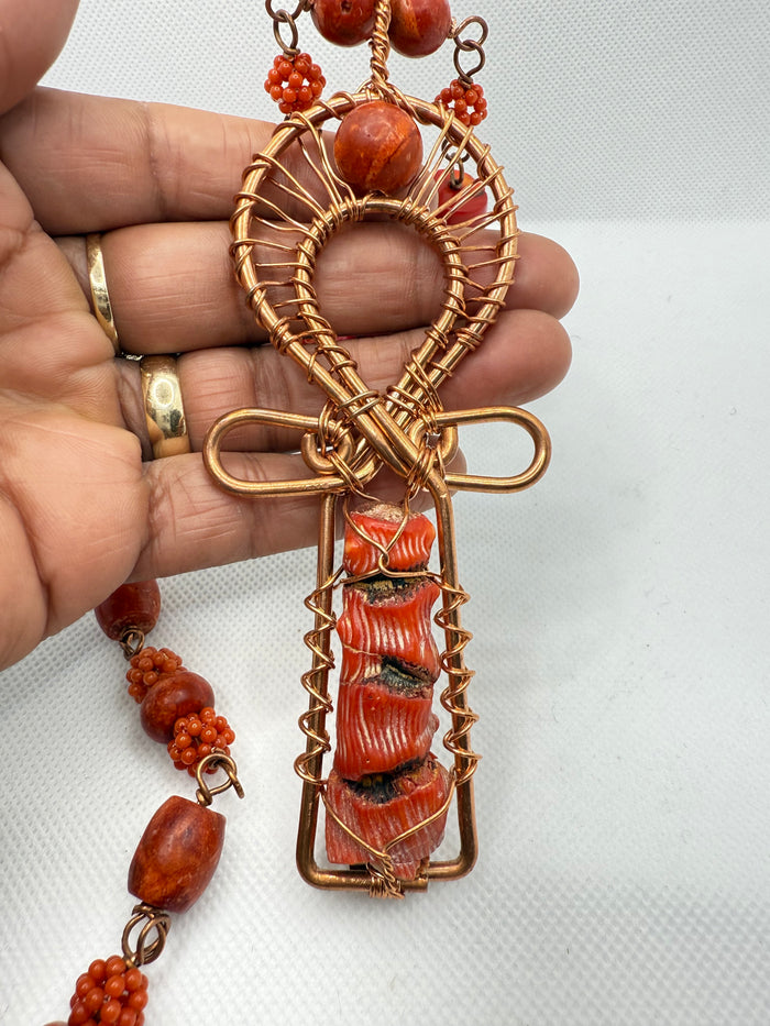 bamboo red coral copper ankh chain link necklace