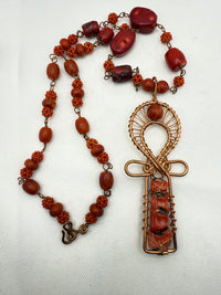 bamboo red coral copper ankh chain link necklace