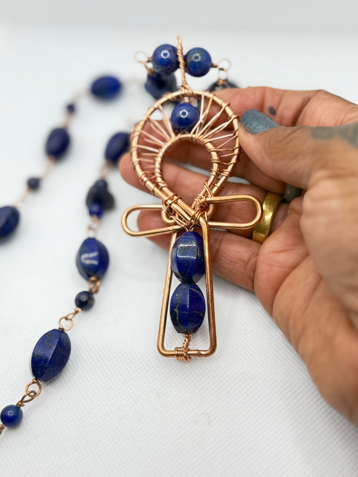 lapis lazuli copper ankh with copper chain necklace 