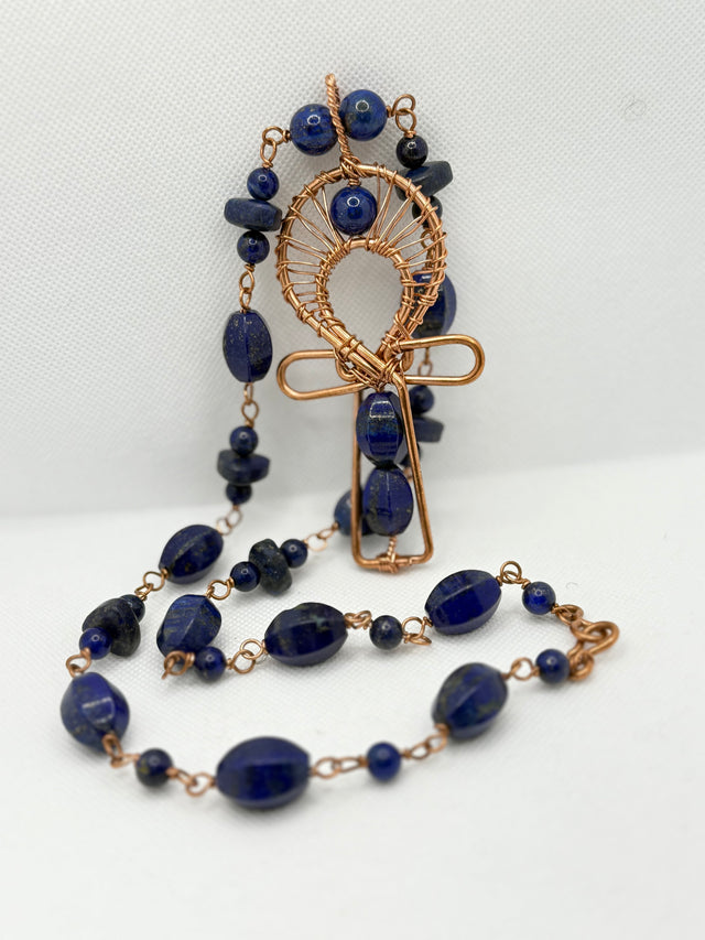 lapis lazuli copper ankh with copper chain necklace 