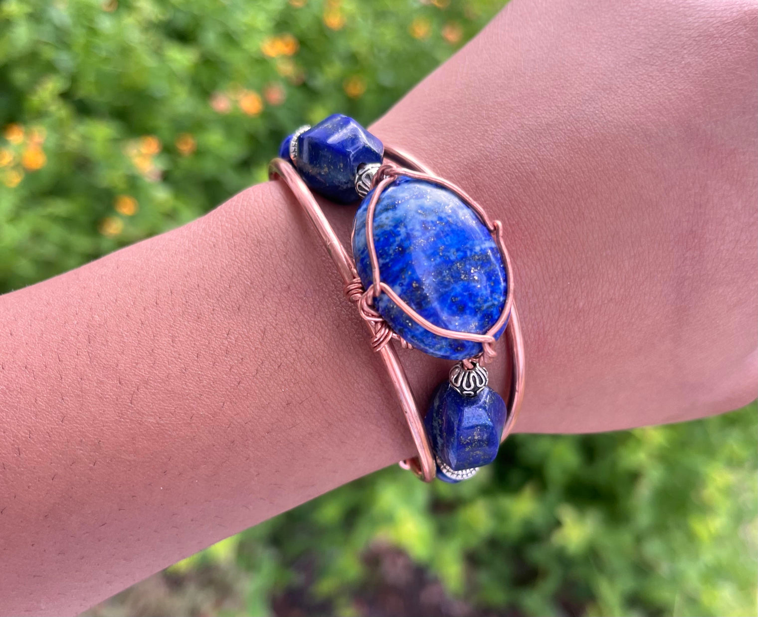 Lapis Lazuli with Faceted Oval Lapis Side Stones Handmade Wirewrapped Bracelet