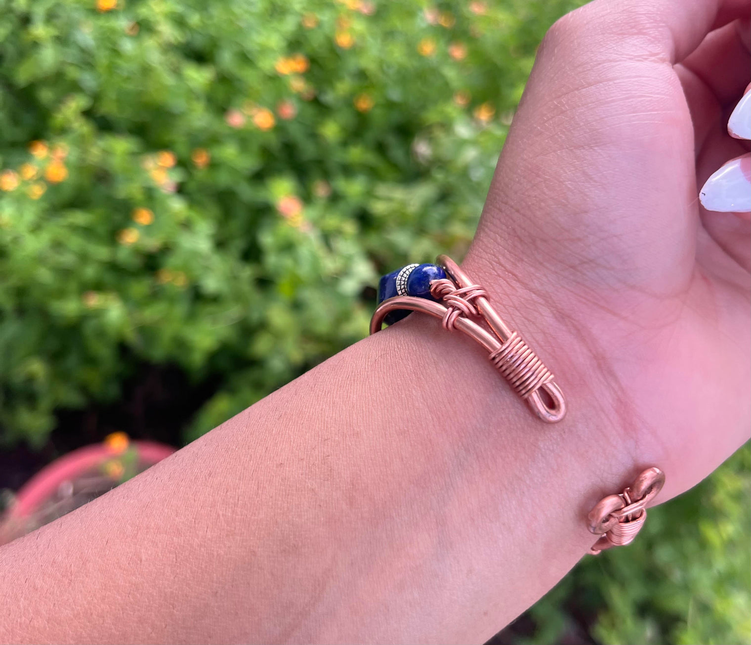 Lapis Lazuli with Faceted Oval Lapis Side Stones Handmade Wirewrapped Bracelet