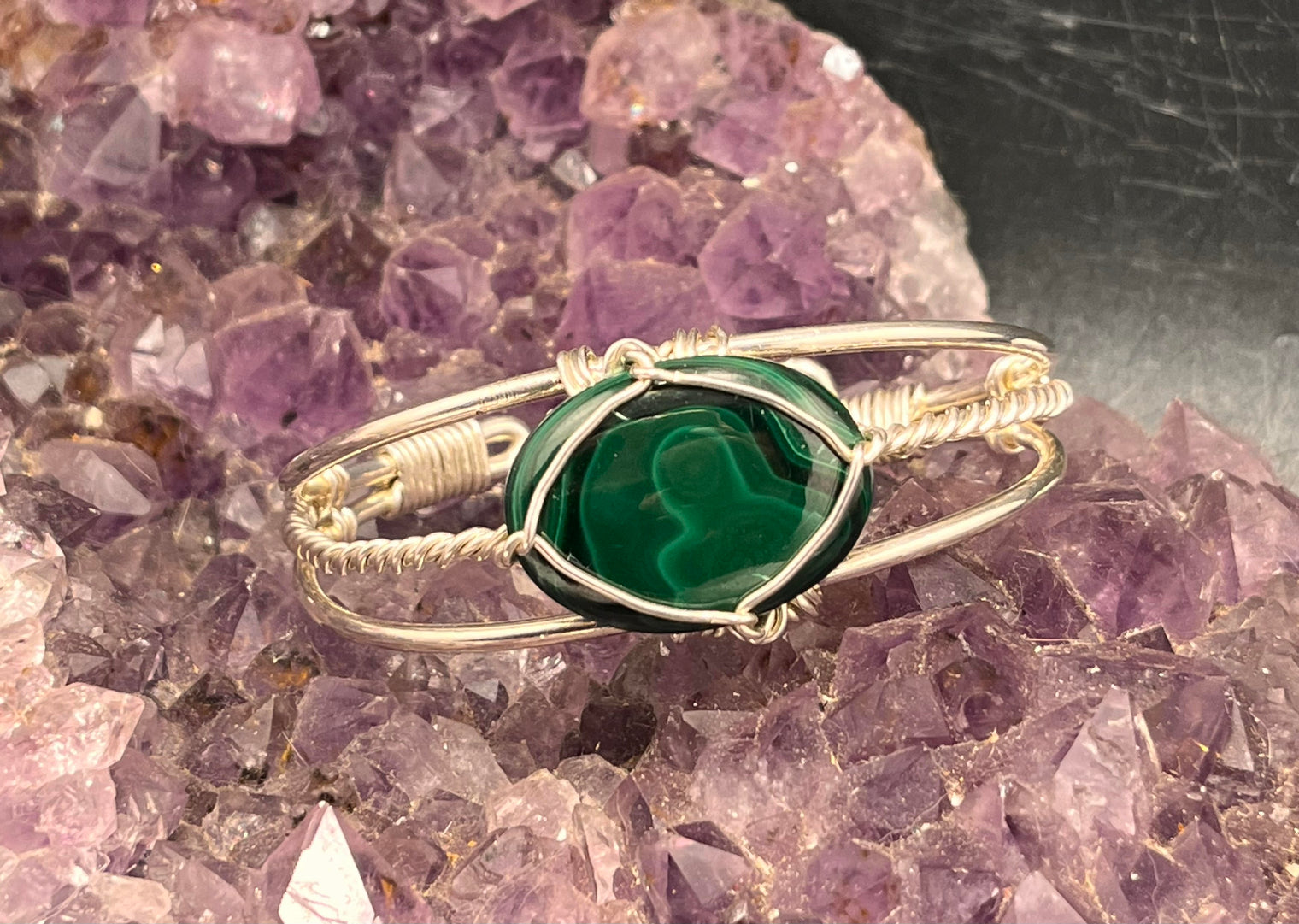 Malachite on Sterling Silver Cuff Bracelet Wire wrapped Handmade