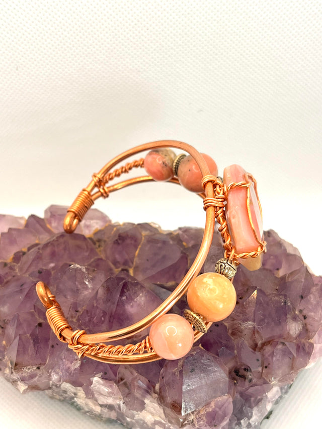 Pink Peruvian Opal w/Side Stones Wirewrapped Copper Bracelet