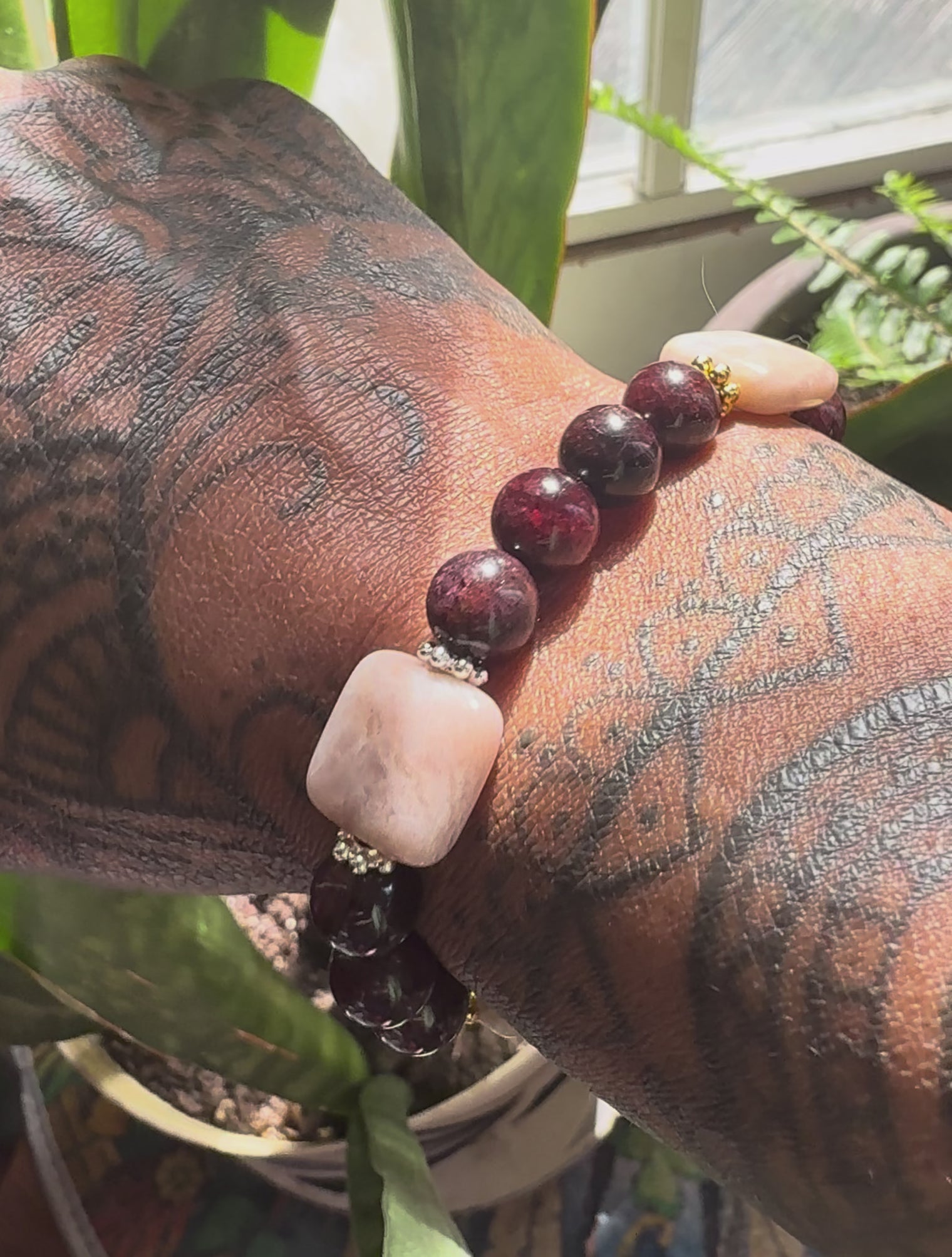 Garnet and Pink Moonstone “Capricorn New Moon 2026” Stretchy Bracelet