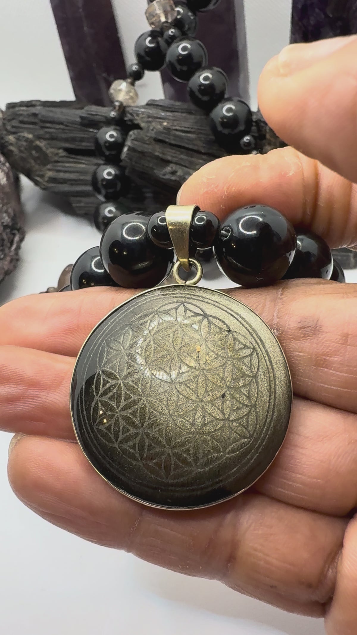 Black Obsidian and Smoky Quartz Beaded Necklace with Black Obsidian Flower of Life Sacred Geometry Pendant ~24 inches