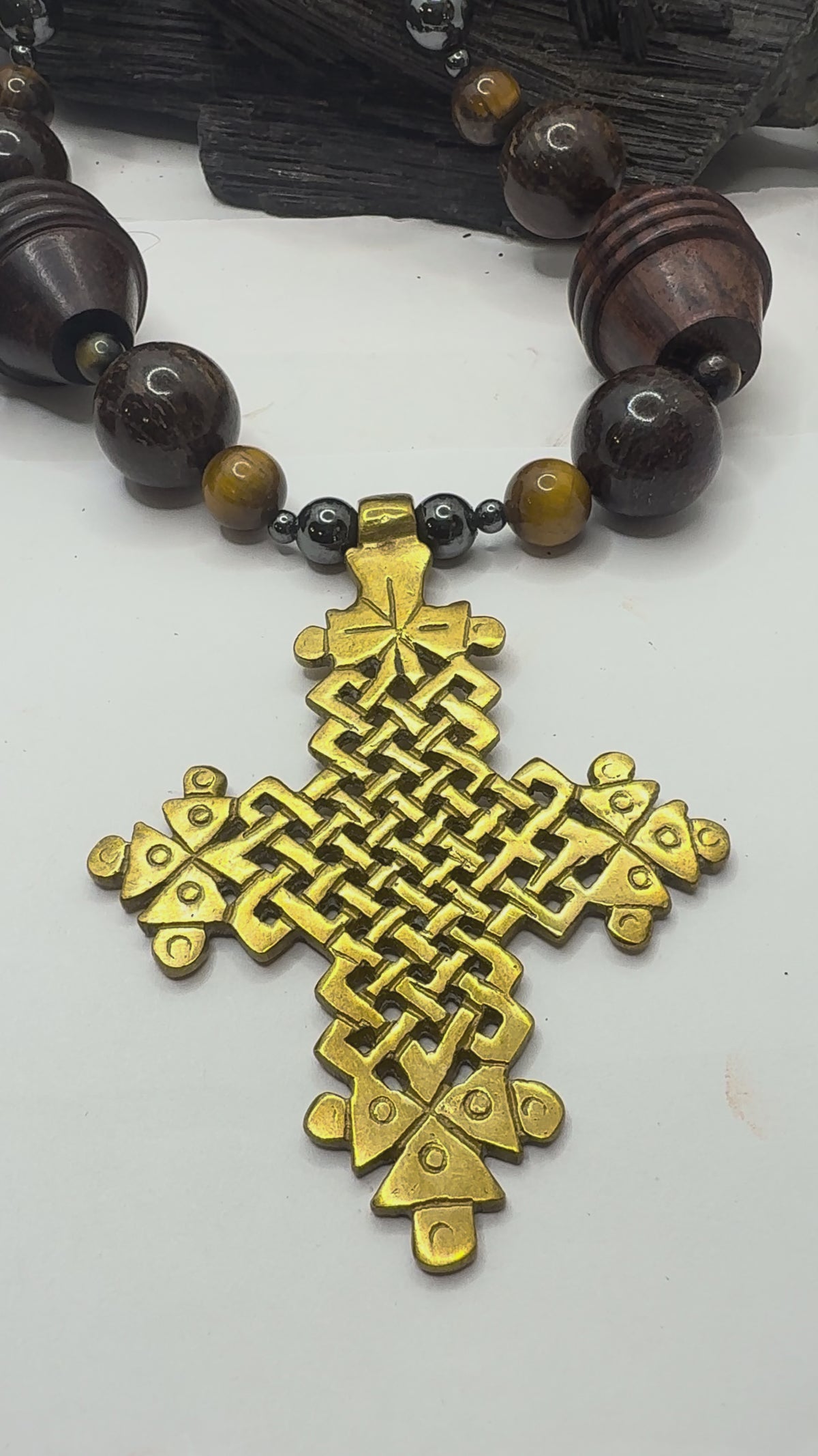 Tiger Eye, Hematite and Bronzite with Ethiopian Cross Pendant~ 22 inches