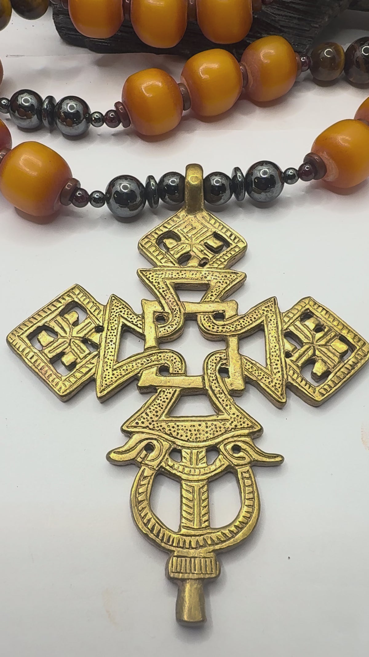 African Amber, Tiger Eye, Hematite and Garnet, Sunstone with Ethiopian Cross Pendant~ 30 inches