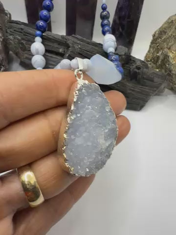 Lapis Lazuli and Blue Lace Agate Necklace with Druzy Pendant 20 inch