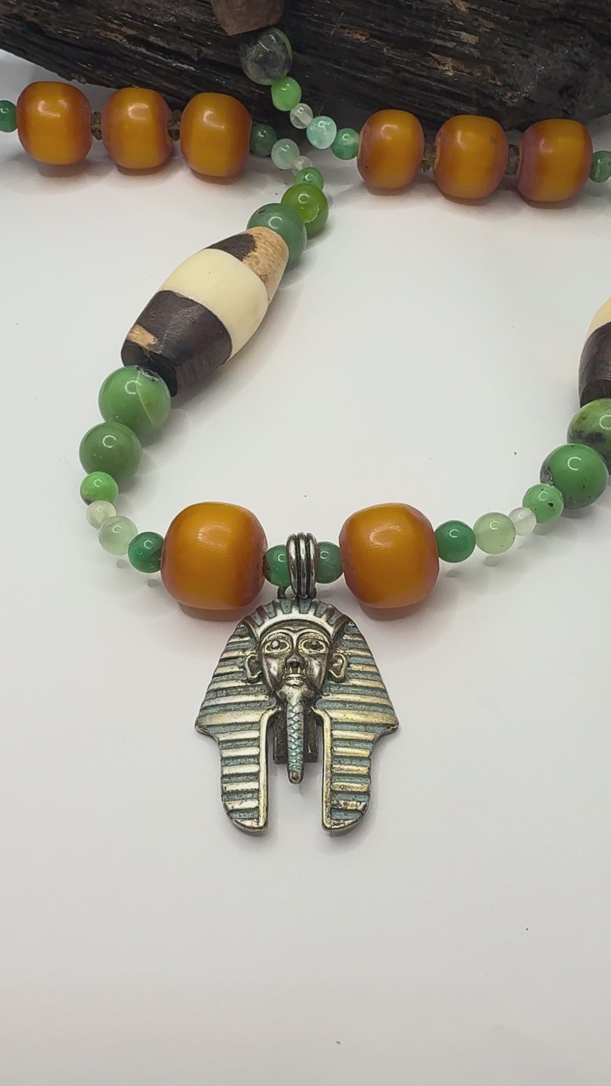 African Amber and Chrysoprase with King Tut Pendant Necklace ~28 Inches
