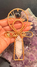 Quartz Crystal with Black tourmaline inclusion copper ankh