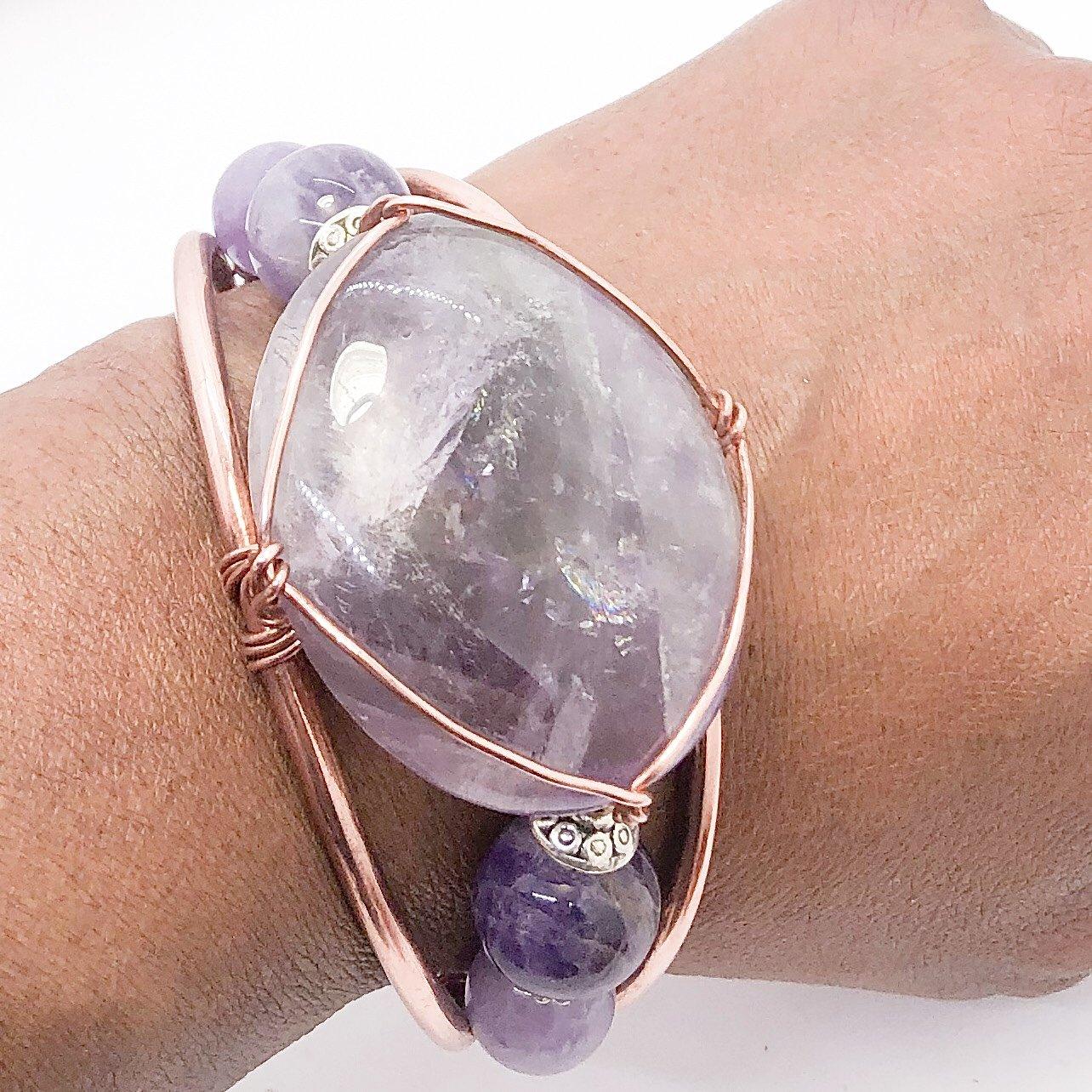 Amethyst Gallet Palm Stone Handmade Wirewrapped Copper Bracelet Crystal - Infinite Treasures, LLC