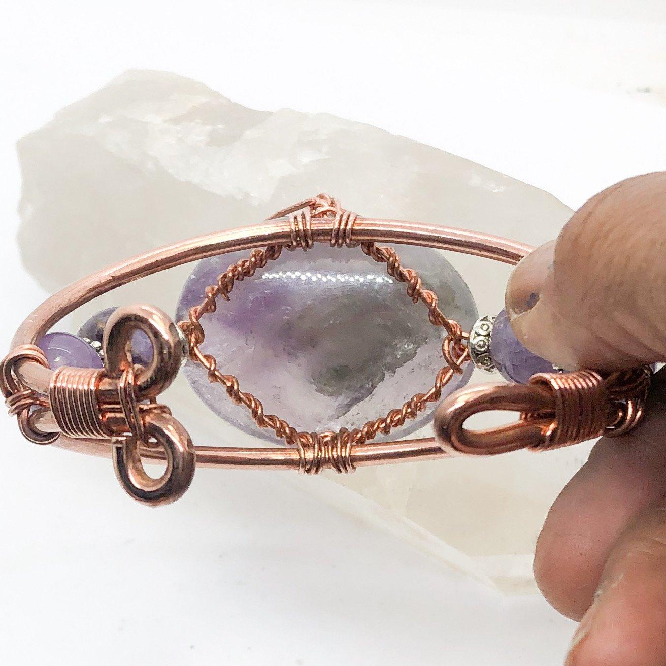 Amethyst Gallet Palm Stone Handmade Wirewrapped Copper Bracelet Crystal - Infinite Treasures, LLC