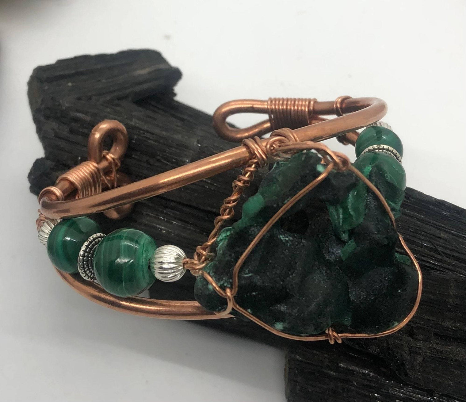 Malachite Crystal with Malachite Side Stones  Copper Bracelet Wire wrapped Handmade - Infinite Treasures, LLC