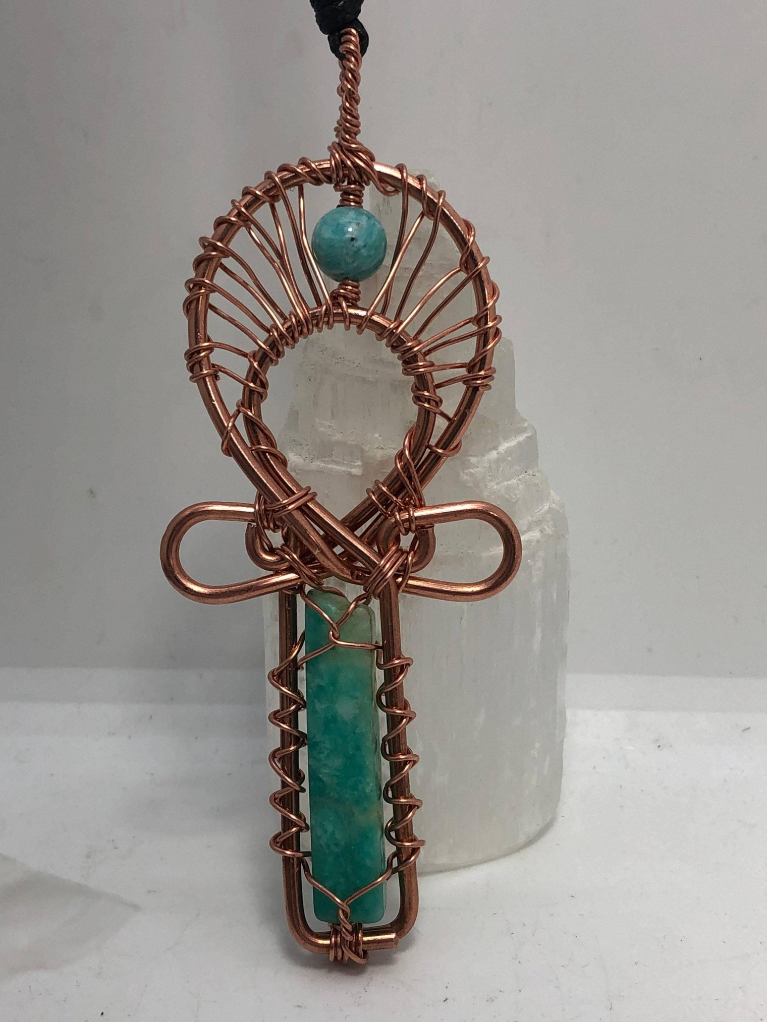 Genuine Natural Amazonite EMF Protection Crystal Copper Wearable Egyptian Kemetic Ankh Pendant Jewel Necklace - Infinite Treasures, LLC