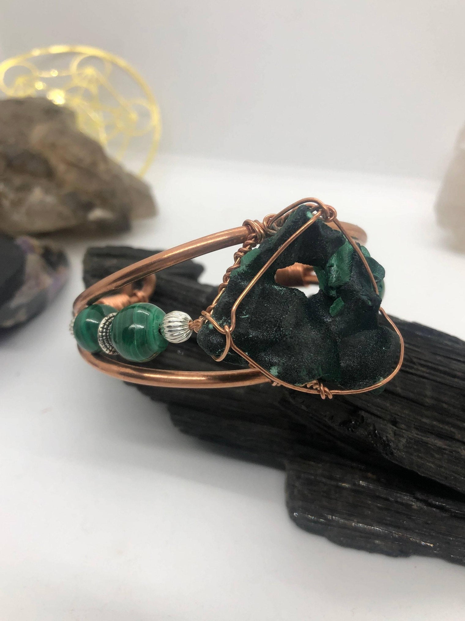 Malachite Crystal with Malachite Side Stones  Copper Bracelet Wire wrapped Handmade - Infinite Treasures, LLC