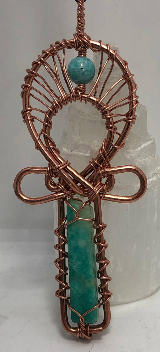 Genuine Natural Amazonite EMF Protection Crystal Copper Wearable Egyptian Kemetic Ankh Pendant Jewel Necklace - Infinite Treasures, LLC