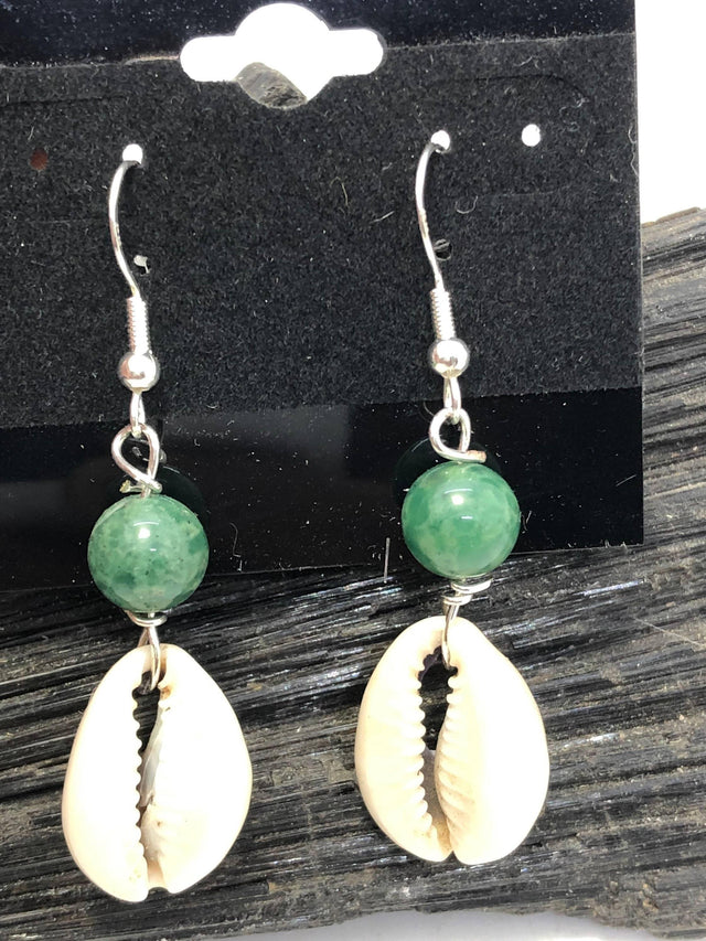 Gemstone and Cowrie Shell Sterling Silver Hooks Drop Dangle Earrings - Infinite Treasures, LLC