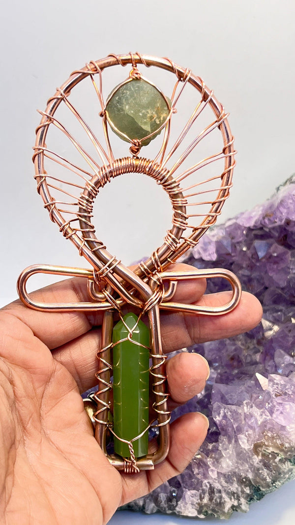 Prehnite and Jade Copper POCKET Ankh - Infinite Treasures, LLC