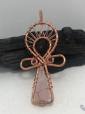 Rose Quartz Vogel Shaped Copper Ankh 4 1/2 x 2 1/2 inch Egyptian Kemetic Ankh Pendant Necklace - Infinite Treasures, LLC