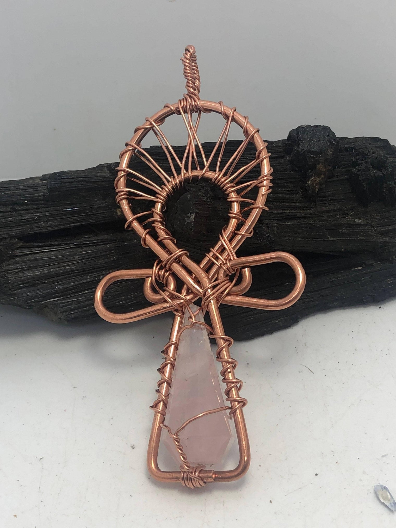 Rose Quartz Vogel Shaped Copper Ankh 4 1/2 x 2 1/2 inch Egyptian Kemetic Ankh Pendant Necklace - Infinite Treasures, LLC