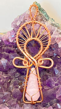 Rose Quartz or Clear Quartz Wirewrapped Copper Ankh Pendant