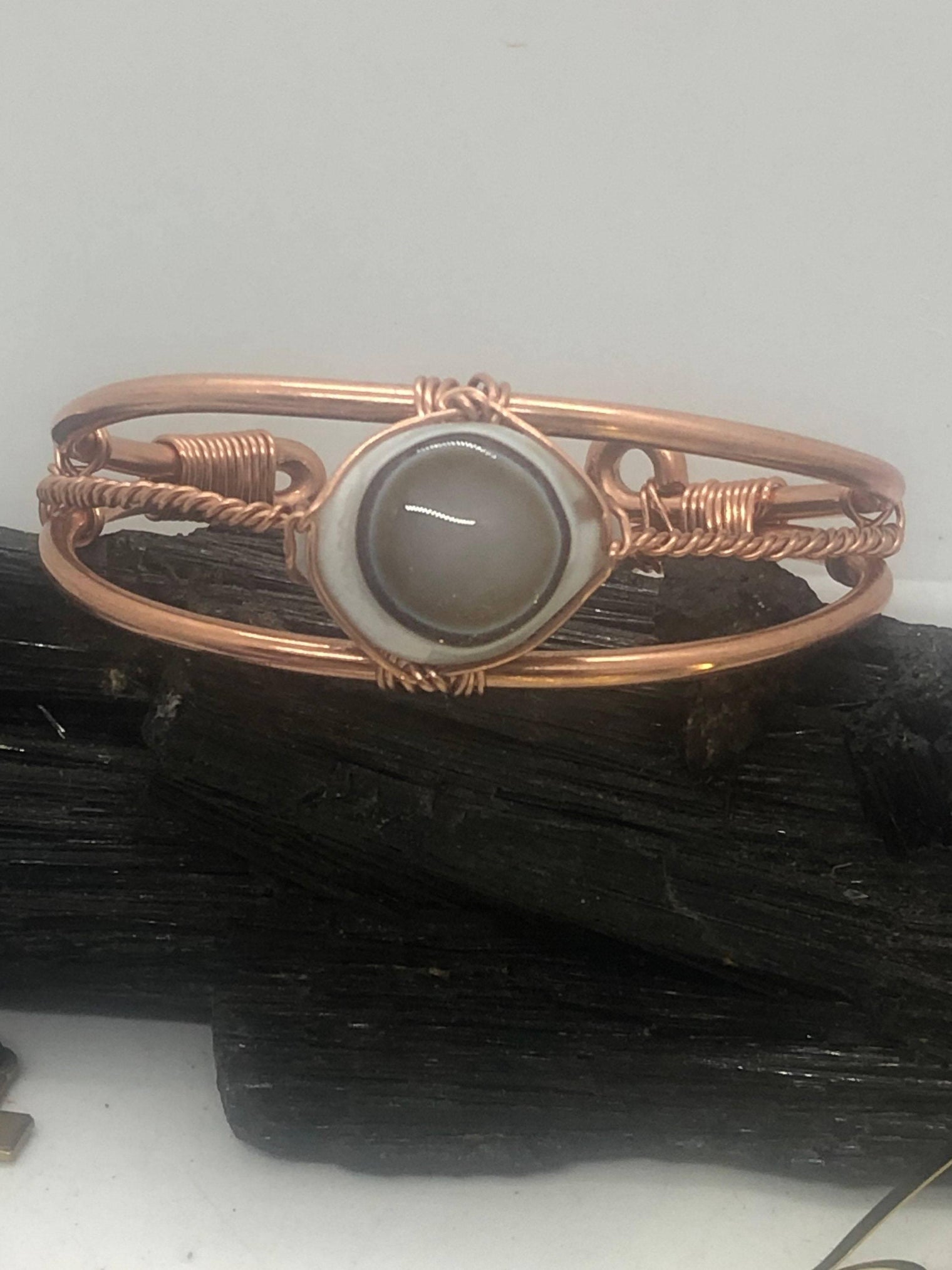 Sardonyx Bulls Eye Evil Eye Crystal Copper Bracelet Wire wrapped Handmade - Infinite Treasures, LLC