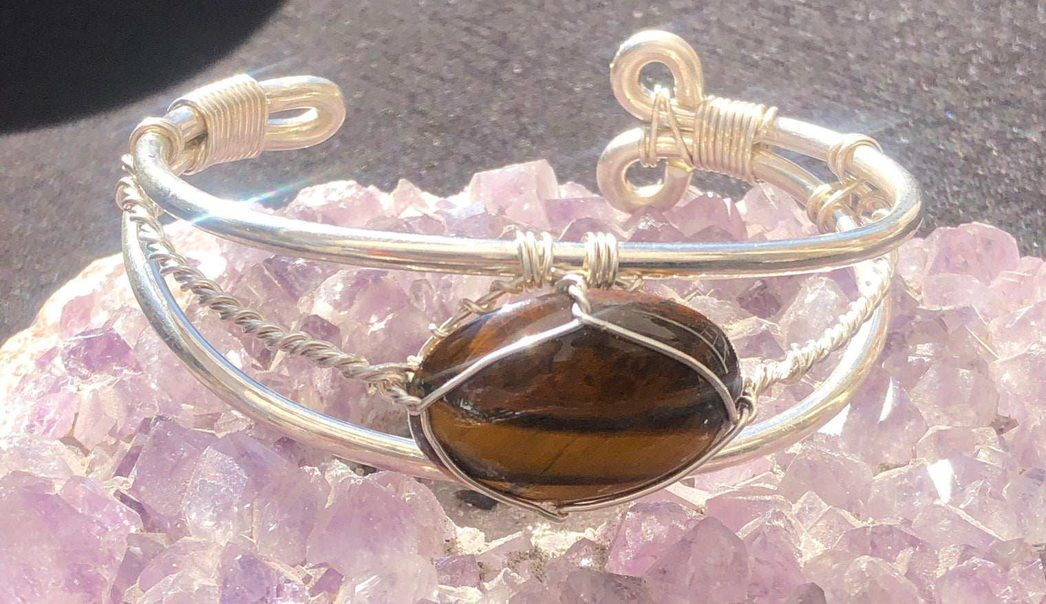 Tigers Eye Handmade Wirewrapped Copper or Sterling Silver or Brass Bracelet Crystal - Infinite Treasures, LLC