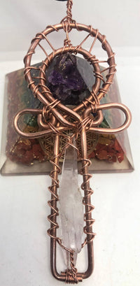 Vera Cruz Amethyst Crystals and Copper Egyptian Kemetic Coptic Cross Ankh Wirewrapped Wearable Necklace Pendant - Infinite Treasures, LLC